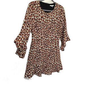 Chiffon Leopard Ruffle Dress Size 6 Knee Length Long Sleeve NWT Bar III